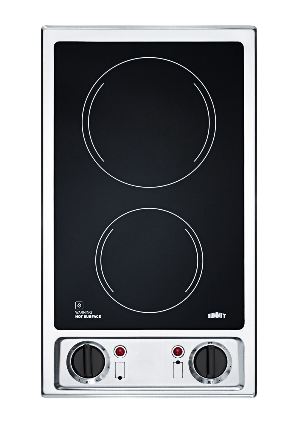 115V 2-burner radiant cooktop with smooth black ceramic glass surface and preinstalled cord